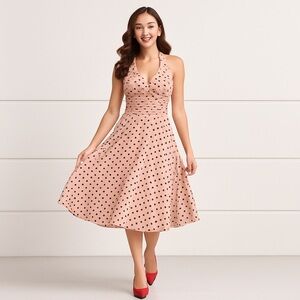 Bettie Page Pink Black Polka Dot Halter Swing Midi Dress 50s Pin Up Style Sz 10